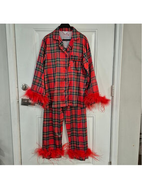 Women's Bon Viviann Plaid Pajama Set with Feather Trim, Red/Green, Size M